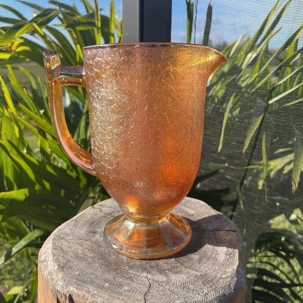 Vintage Jeannette Iridescent Crackle Marigold Carnival Glass Pitcher 8"